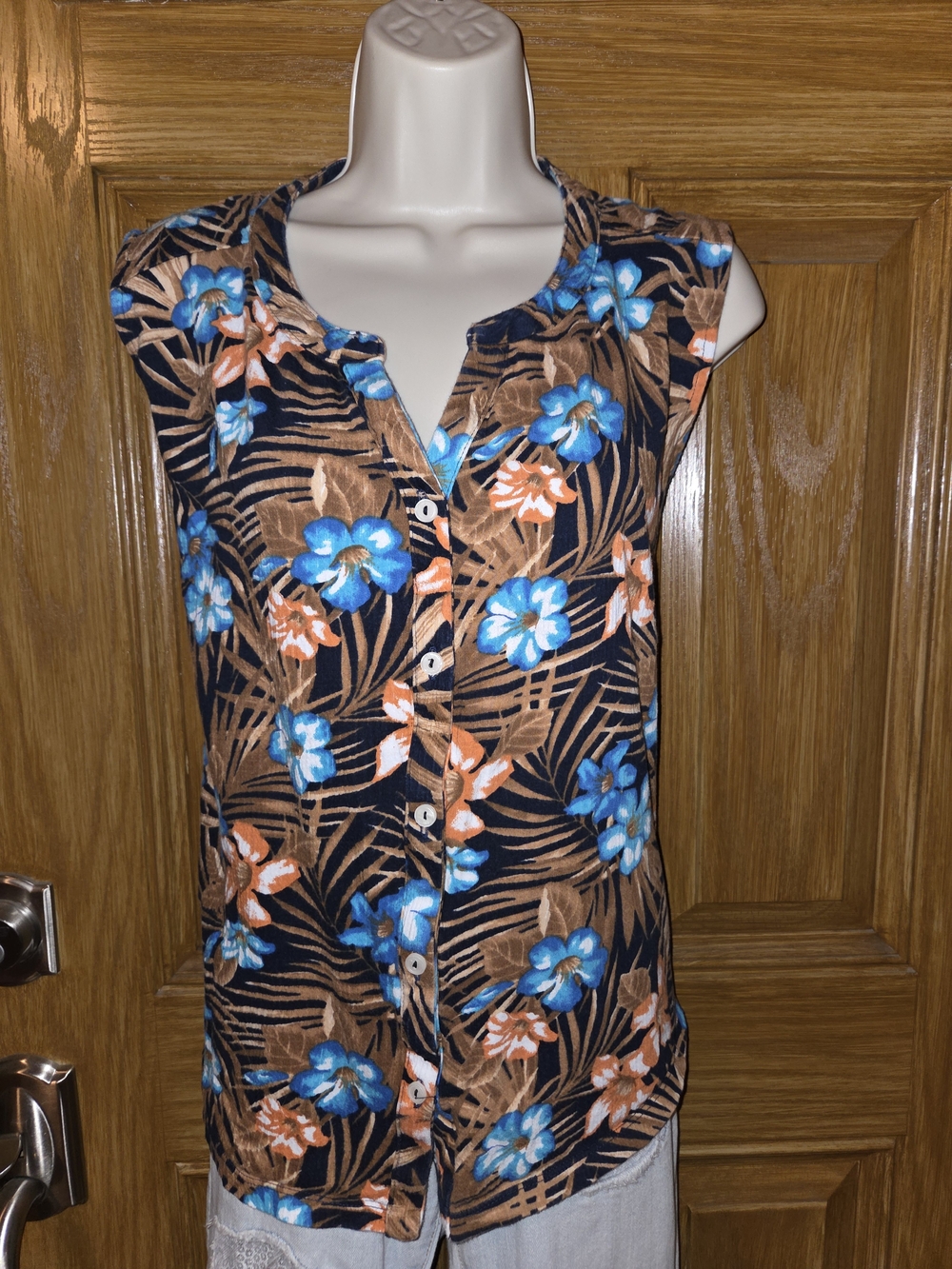 Lands' End Navy Floral Button-Front Tank Top with Blue & Brown Flowers
